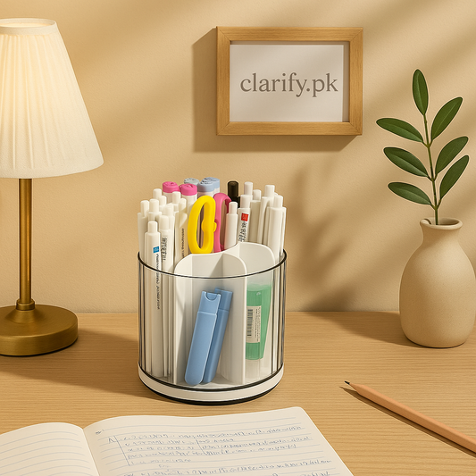 360 degree rotating desk organizer filled with markers and stationery on office desk