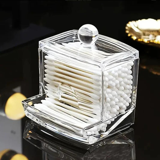 Clear acrylic cotton swab storage box with a lid holding white cotton swabs neatly organized