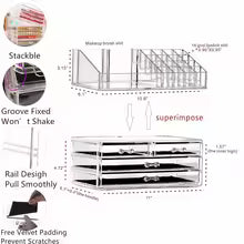 Clear makeup organizer with drawers featuring stackable design and smooth rail system from Clarify.pk