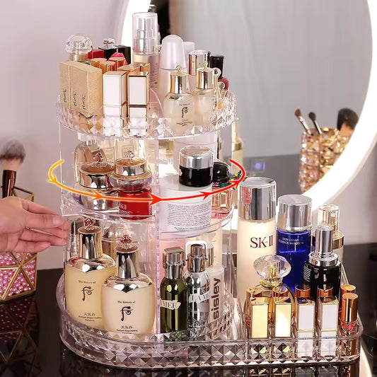 Clarify.pk rotating cosmetic storage box holding various makeup and skincare products on a vanity