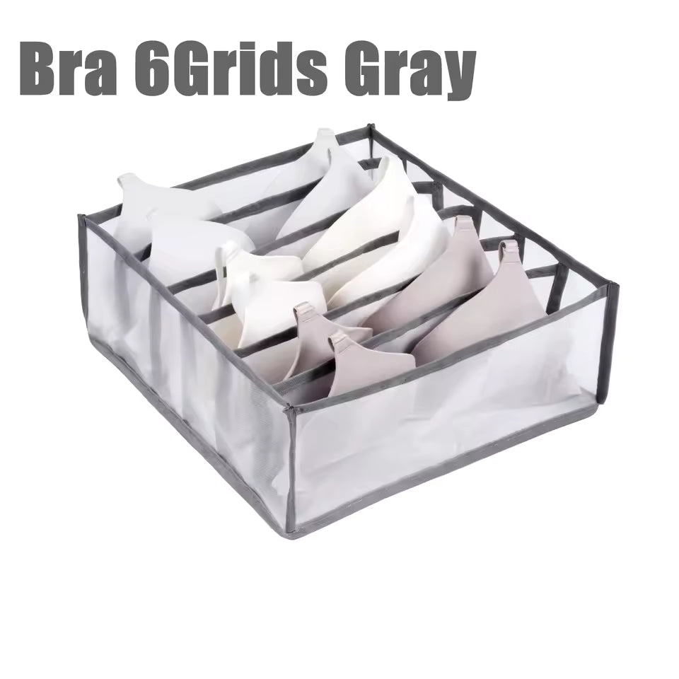 Gray bra closet organizer for clothes with 6 grids neatly storing multiple bras