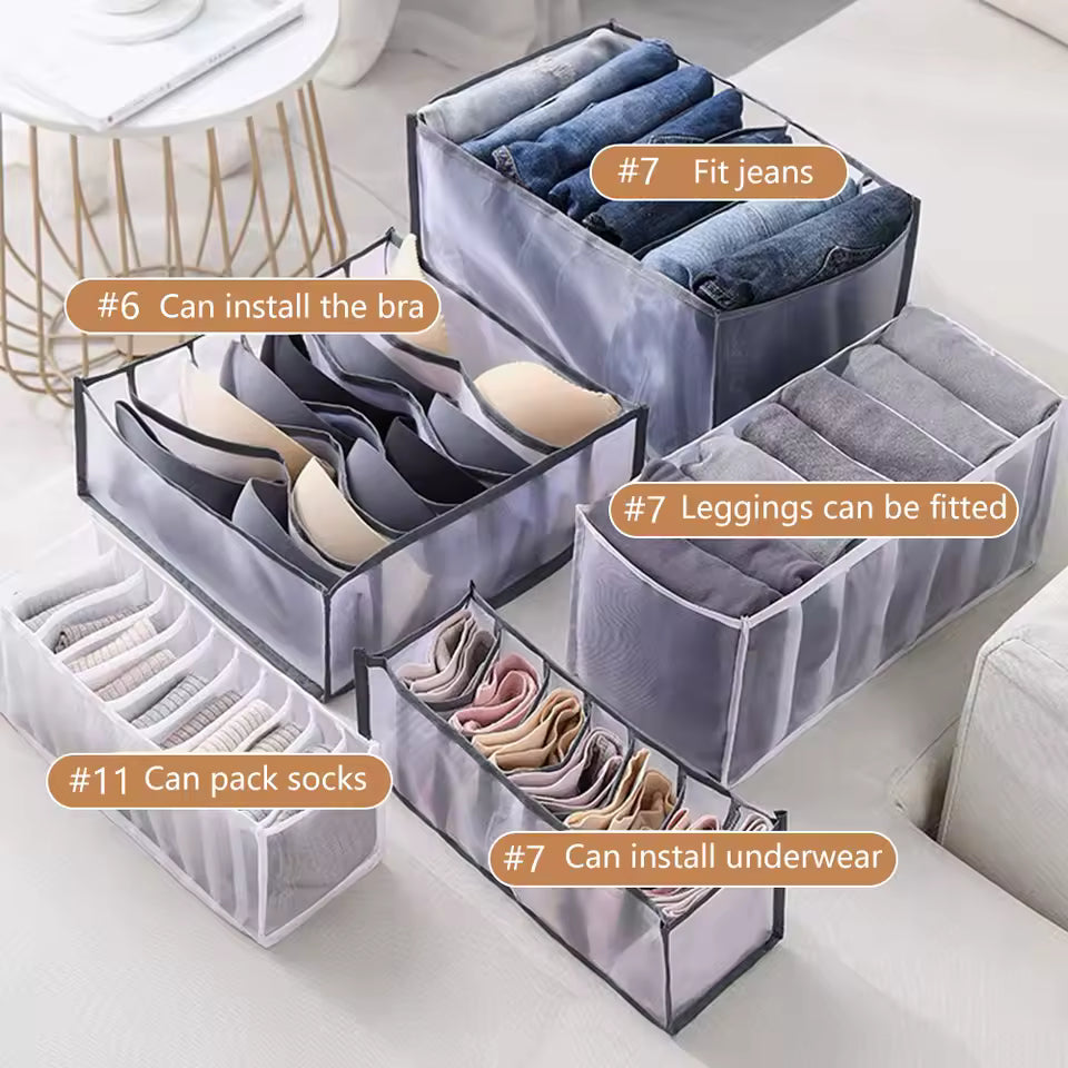 Gray closet organizer for clothes with compartments for jeans, bras, leggings, underwear, and socks