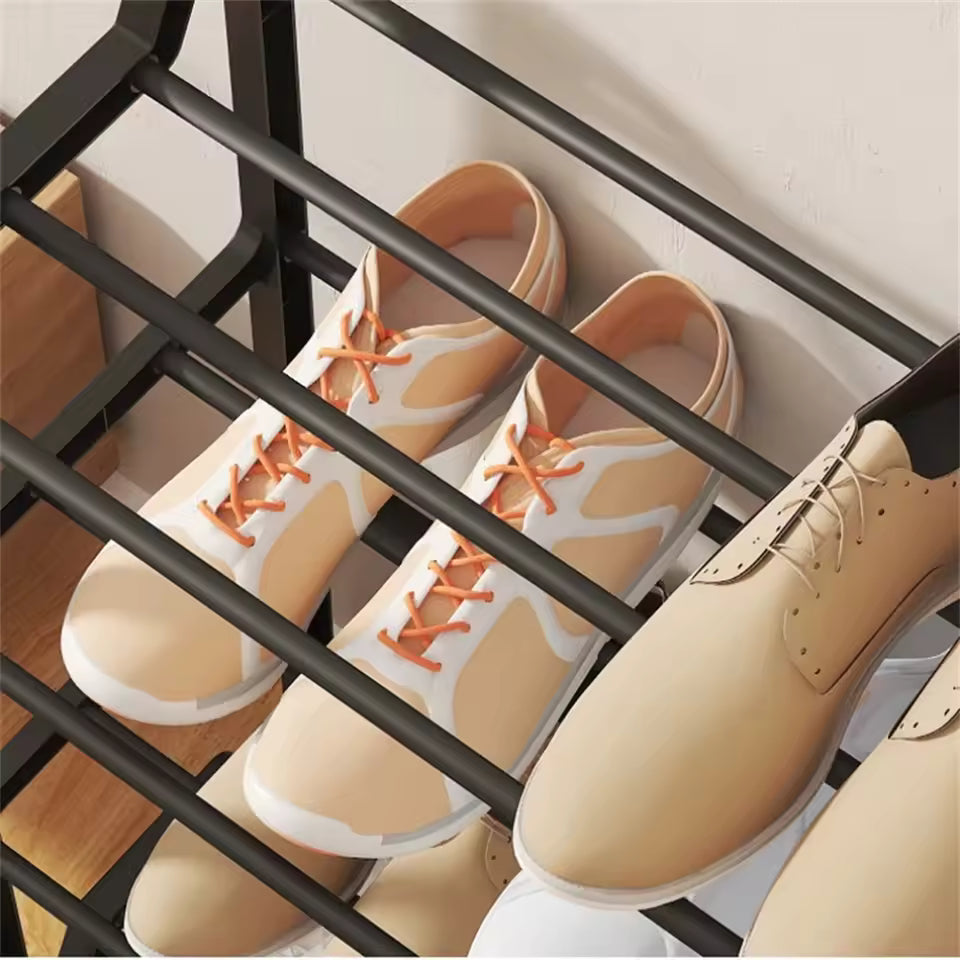 Clarify.pk 4 layer shoe rack with beige casual sneakers and dress shoes organized on black metal rods