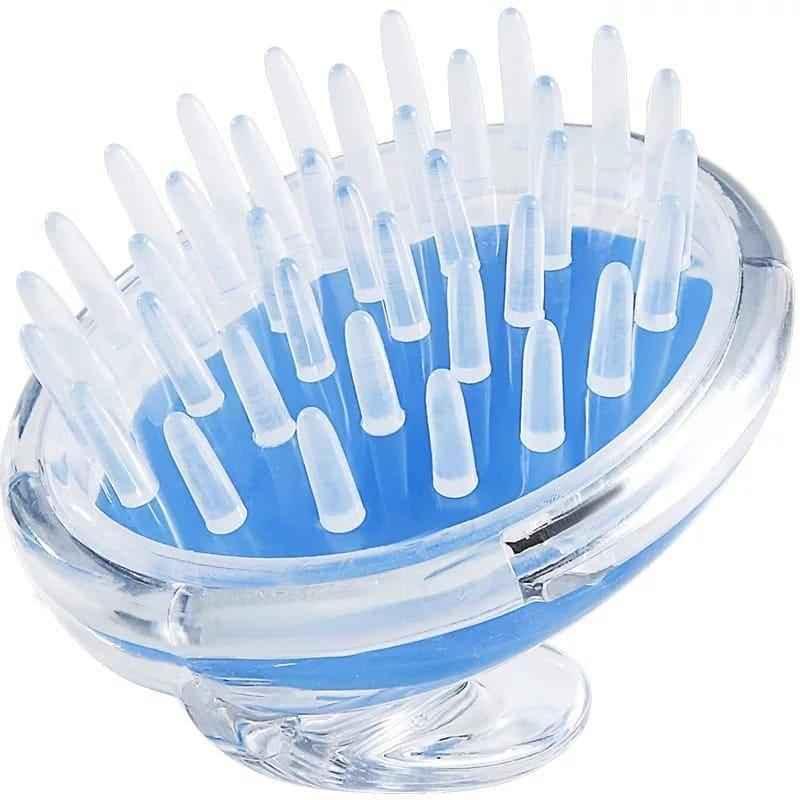 Blue and transparent silicone scalp massage brush with soft flexible bristles for gentle scalp care