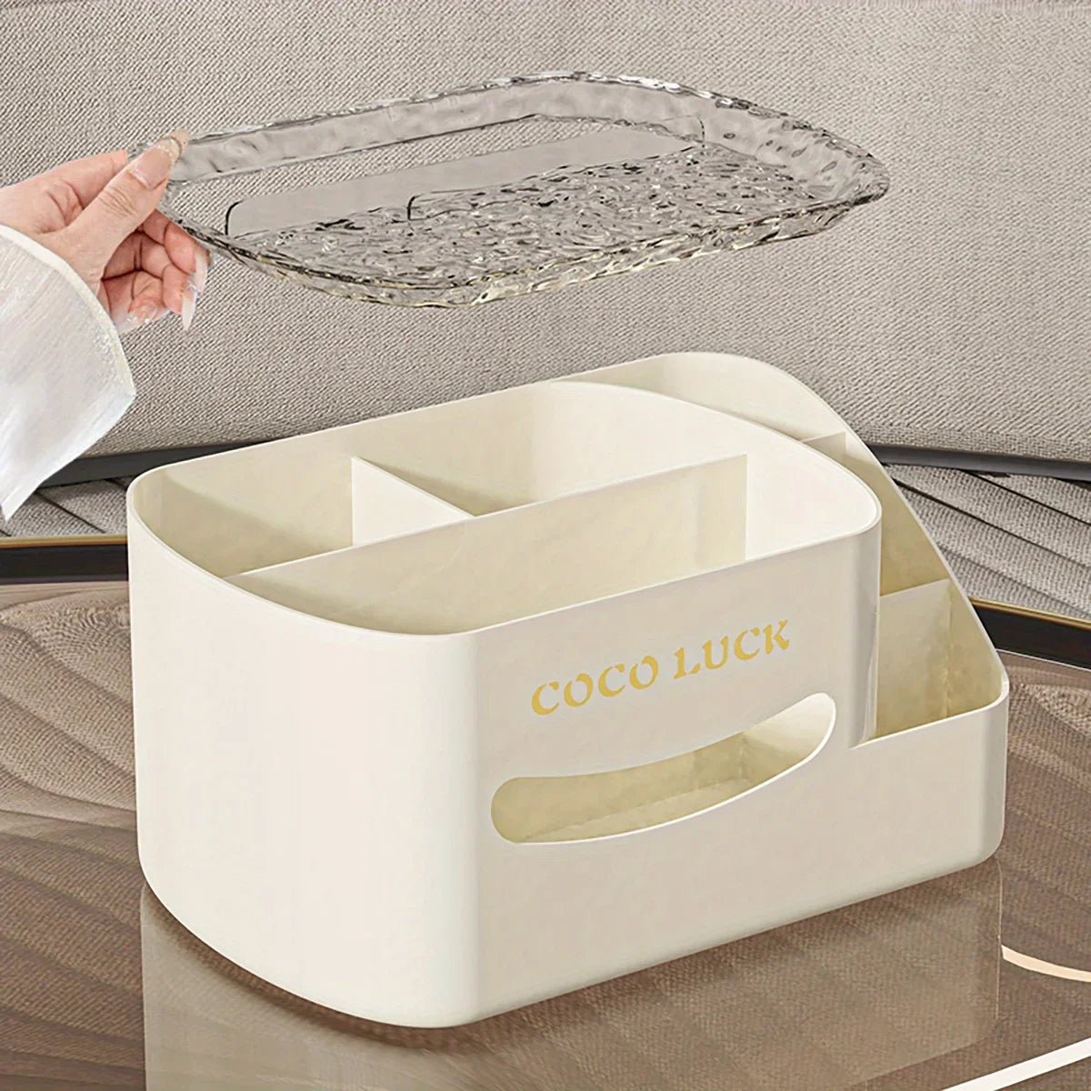 Clarify.pk premium storage box organizer in cream with compartments and transparent textured lid