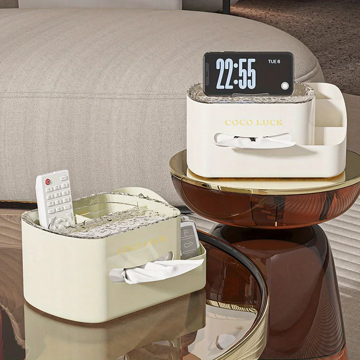 Clarify.pk premium storage box organizer in white with compartments for remote and smartphone