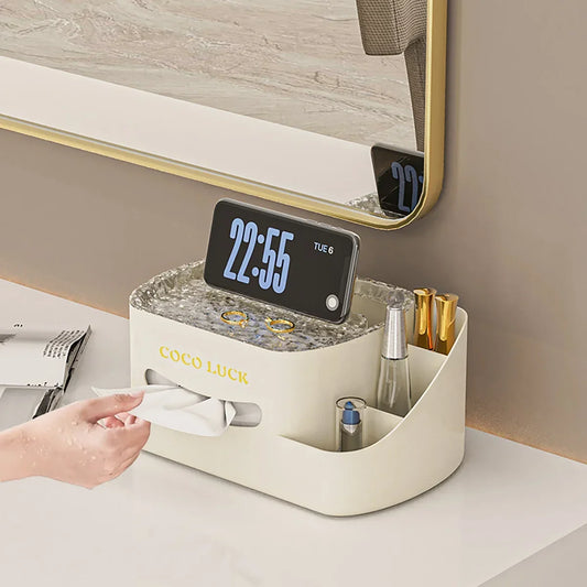 Clarify.pk premium storage box organizer in white with compartments for phone, pens, and tissue dispenser