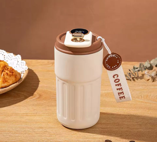 450ml travel coffee mug in beige and brown with temperature display and COFFEE tag by Clarify.pk