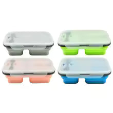 Set of collapsible silicone lunch box containers in white green peach and blue with lids