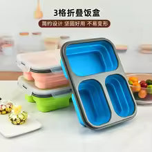 Collapsible silicone lunch box in blue and other colors with three compartments for organized meals