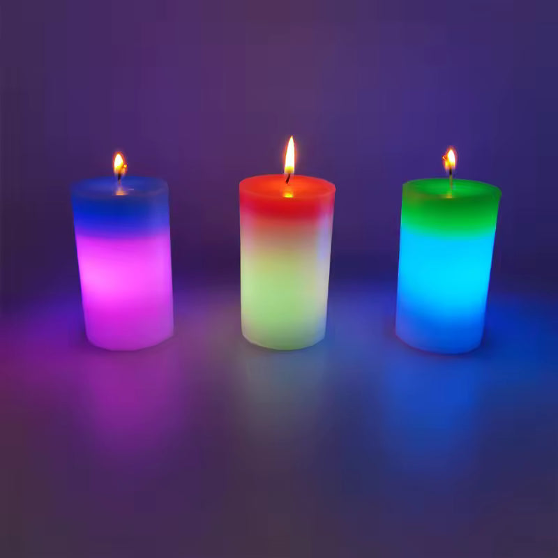Clarify.pk color changing LED candles in blue, red, and green glowing softly with flame