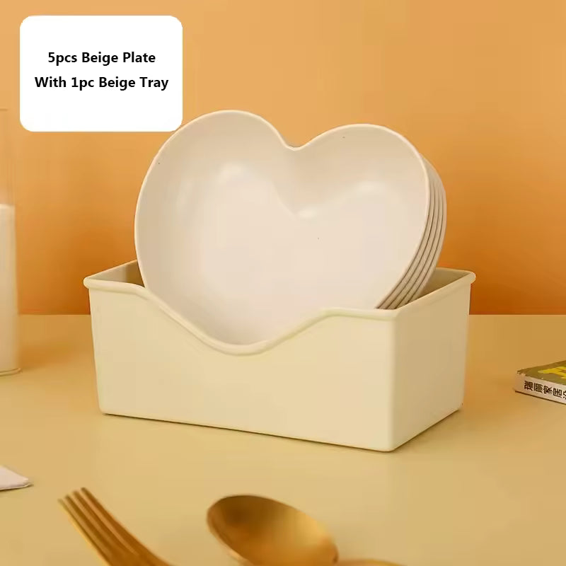 Clarify.pk colorful heart dish pack with 5 beige plastic heart-shaped plates and 1 beige tray