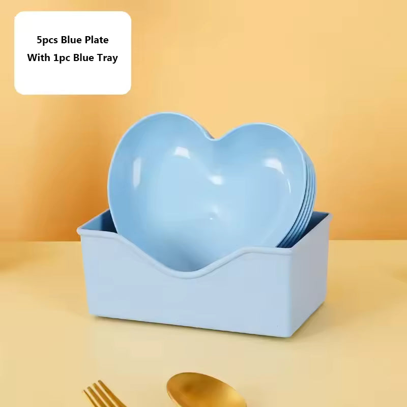 Clarify.pk colorful heart dish pack with 5 blue plastic plates and 1 blue tray for serving