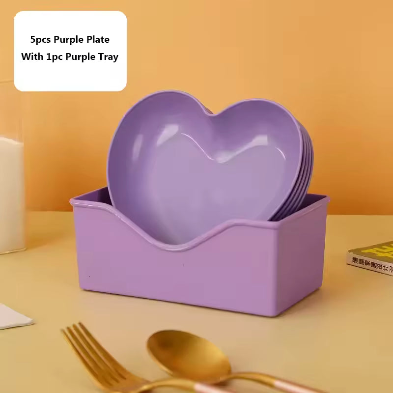 Clarify.pk colorful heart dish pack with 5 purple heart-shaped plates and 1 matching purple tray