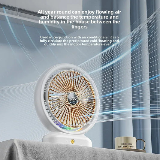 Colorful LED desk fan by Clarify.pk providing airflow and temperature balance in a modern room