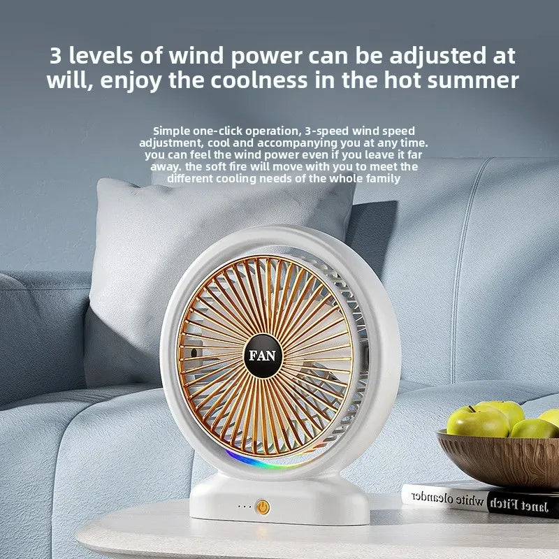 Colorful LED desk fan with adjustable 3-speed wind power on a white table near blue couch