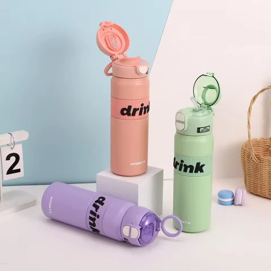 Colorful stainless steel sports water bottle set in pink green and purple with flip-top lids