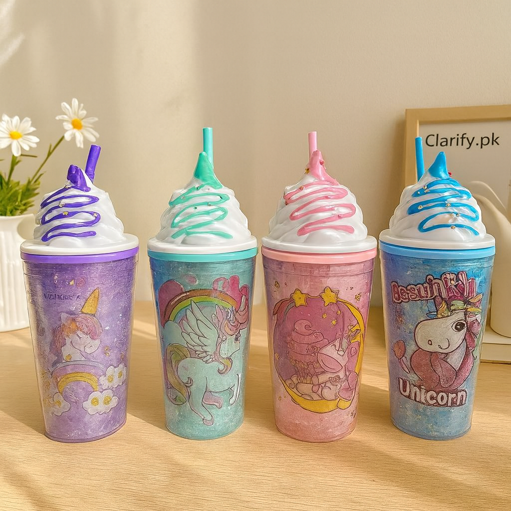 Colorful unicorn-themed water bottle cups with whipped cream lids and straws on a wooden table
