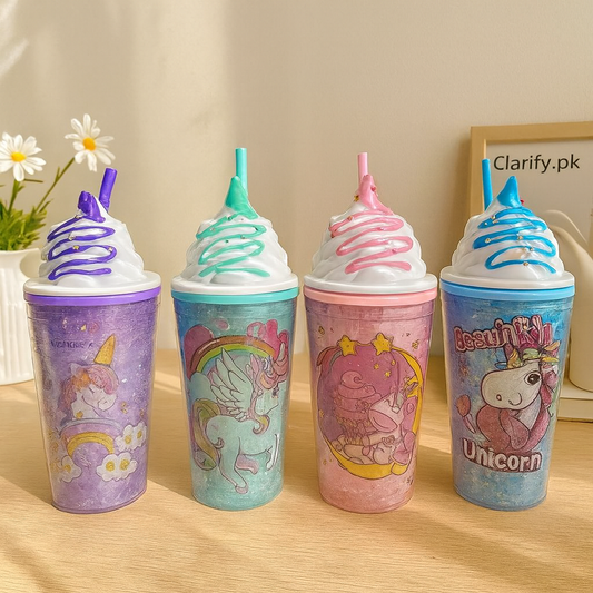 Colorful unicorn-themed water bottle cups with whipped cream lids and straws on a wooden table