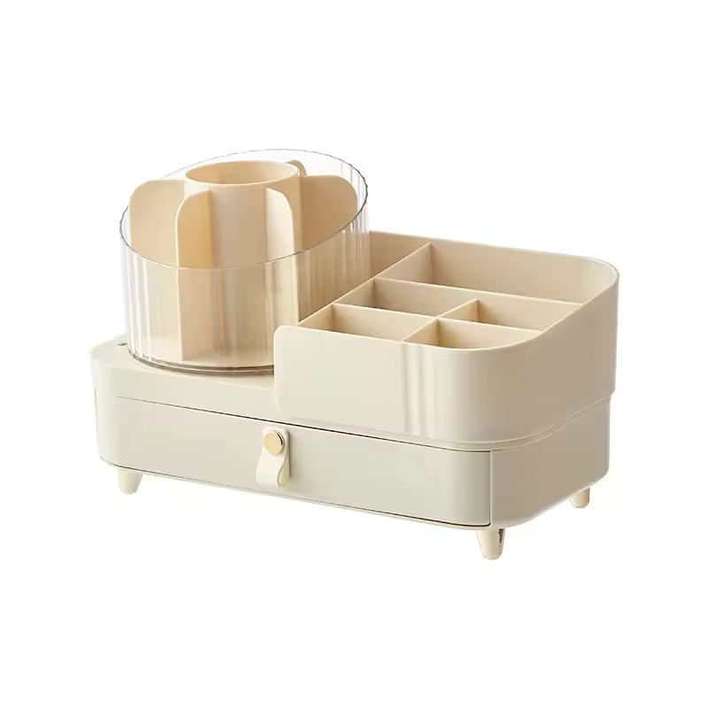 Beige jewelry and makeup organizer box with multiple compartments and rotating section