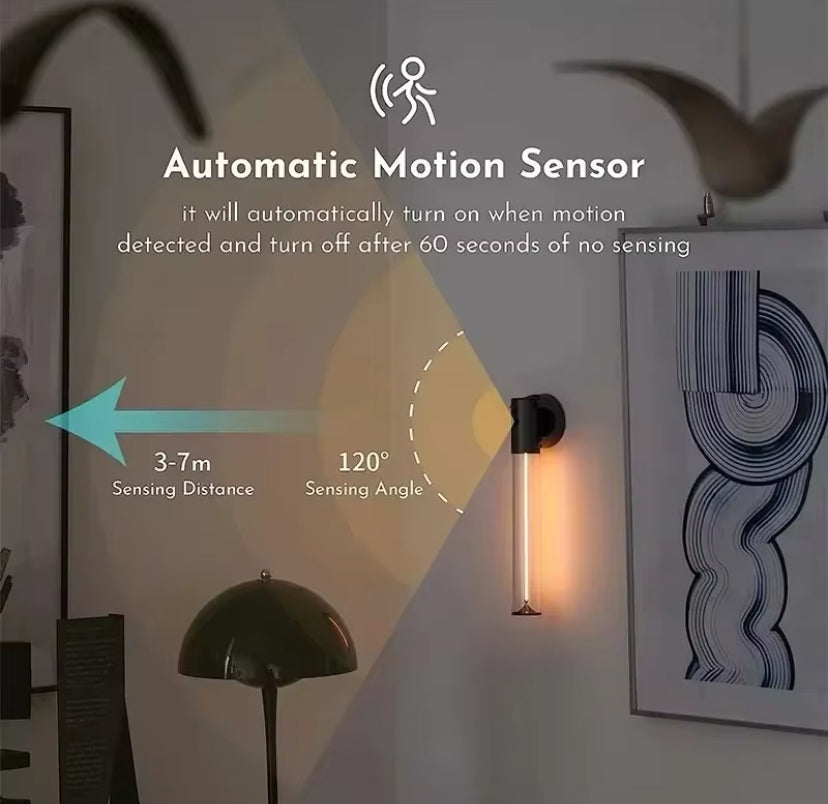 Cordless LED night light for room with automatic motion sensor and 120 degree sensing angle