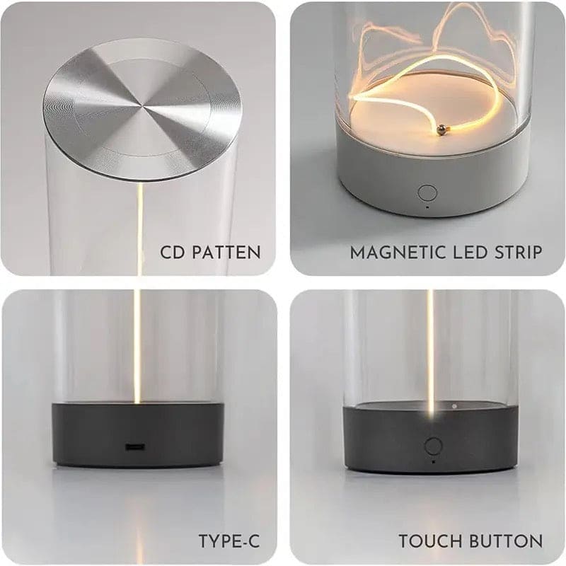 Cordless rechargeable table lamp with magnetic LED strip, CD pattern aluminum top, touch button, and Type-C charging port