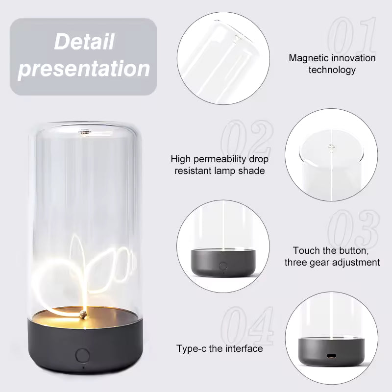 Cordless rechargeable table lamp with magnetic technology, drop resistant shade, touch button, and Type-C charging