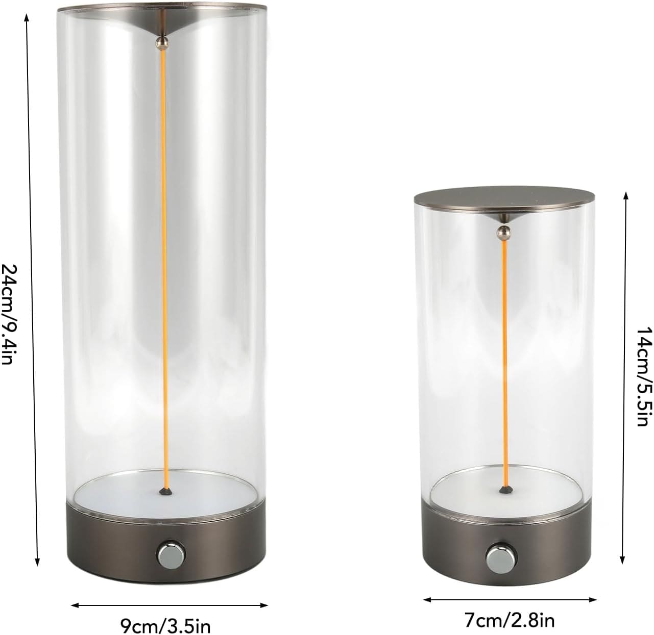 Two sizes of cordless rechargeable table lamp with clear cylindrical glass and black base with control knob