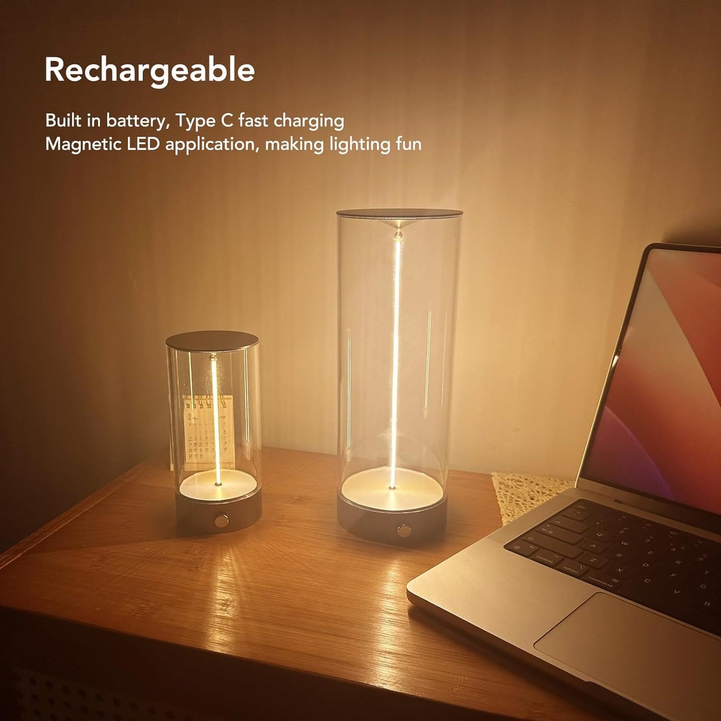 Cordless rechargeable table lamp with built-in battery and Type C fast charging on wooden desk beside laptop