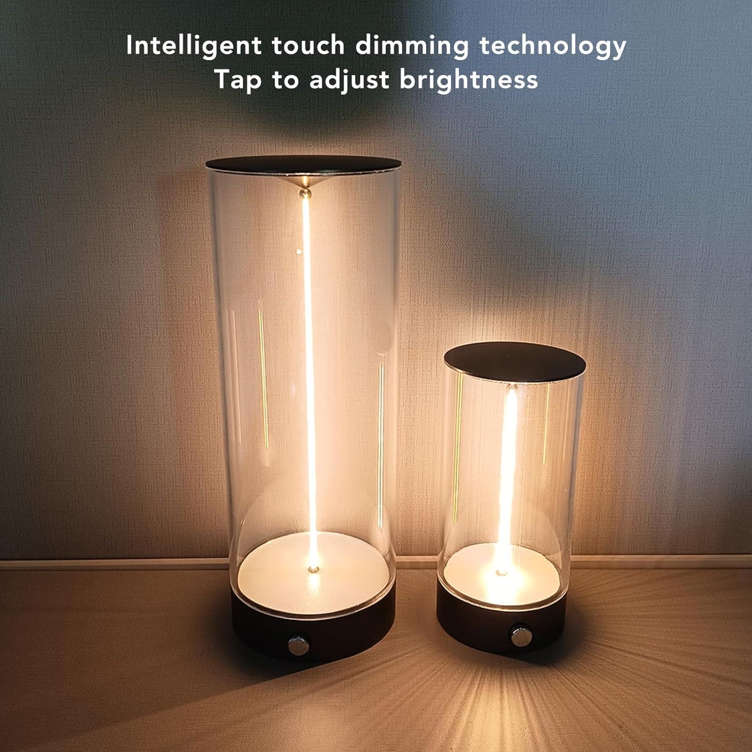 Two modern cordless rechargeable table lamps with touch dimming technology on wooden surface