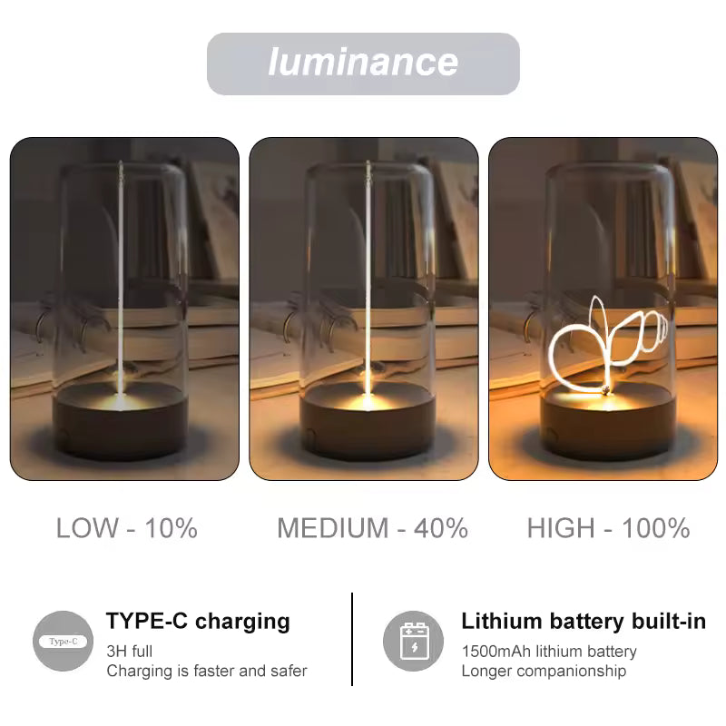 Clarify.pk cordless rechargeable table lamp showing low medium and high luminance levels with Type-C charging and built-in lithium battery