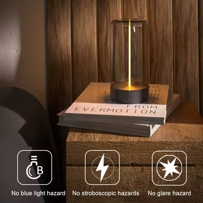 Cordless rechargeable table lamp by Clarify.pk on wooden side table with warm ambient light and hazard-free icons
