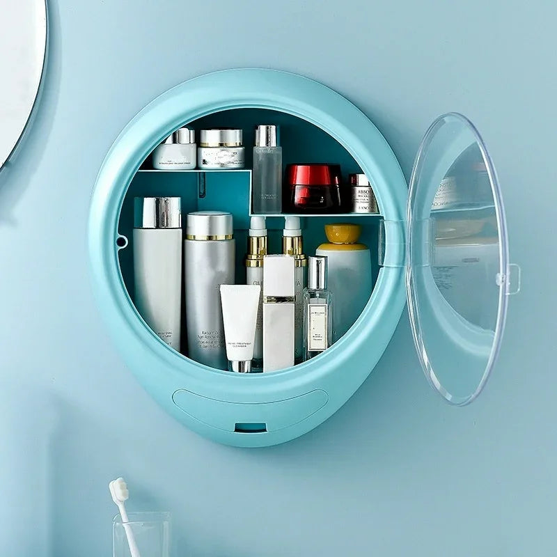 Clarify.pk blue wall-mounted cosmetic storage box with transparent door and organized skincare bottles