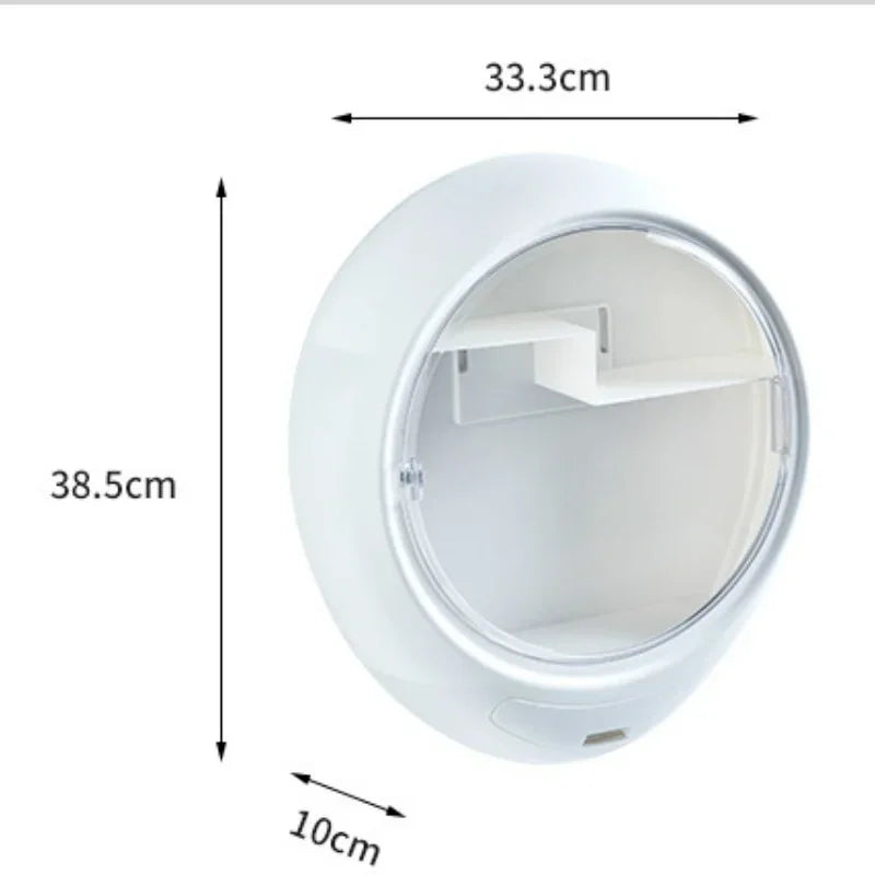 White round cosmetic storage box with transparent door and internal shelf measuring 33.3 by 38.5 by 10 cm