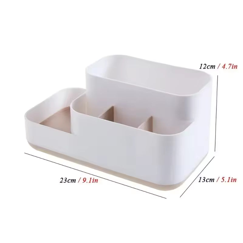 White cosmetic storage box with drawers featuring multiple compartments and dimensions labeled