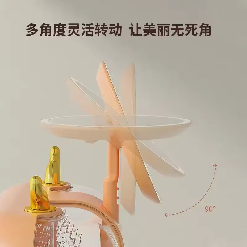 Cosmetic storage box with mirror featuring 90 degree adjustable rotating mirror for flexible viewing