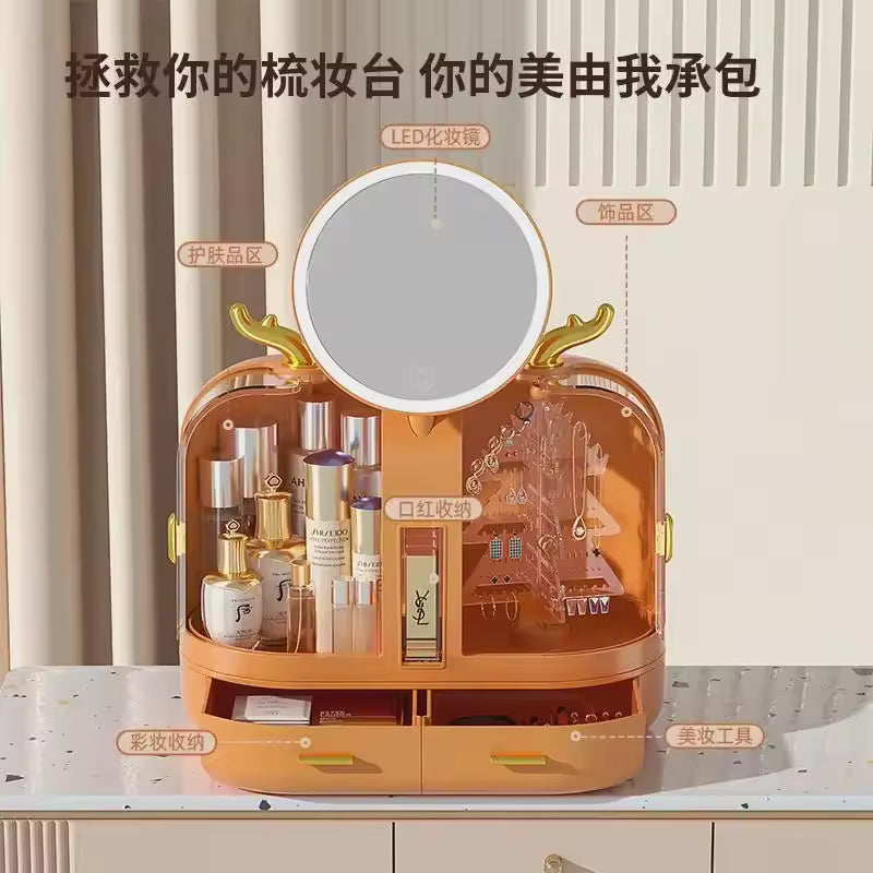 Clarify.pk cosmetic storage box with mirror featuring LED light and multiple compartments for makeup and jewelry