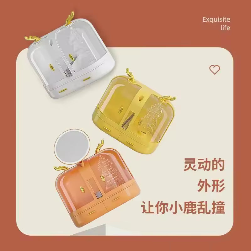 Clear cosmetic storage box with mirror in white, yellow, and orange colors for organizing makeup