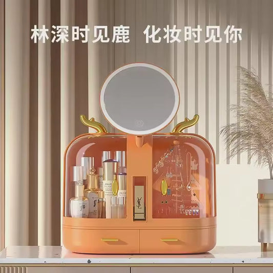 Cosmetic storage box with mirror in orange with compartments for bottles and jewelry organizer