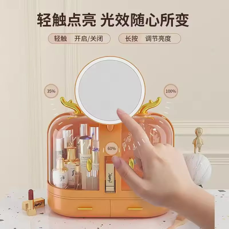 Cosmetic storage box with mirror and adjustable lighting holding various makeup products