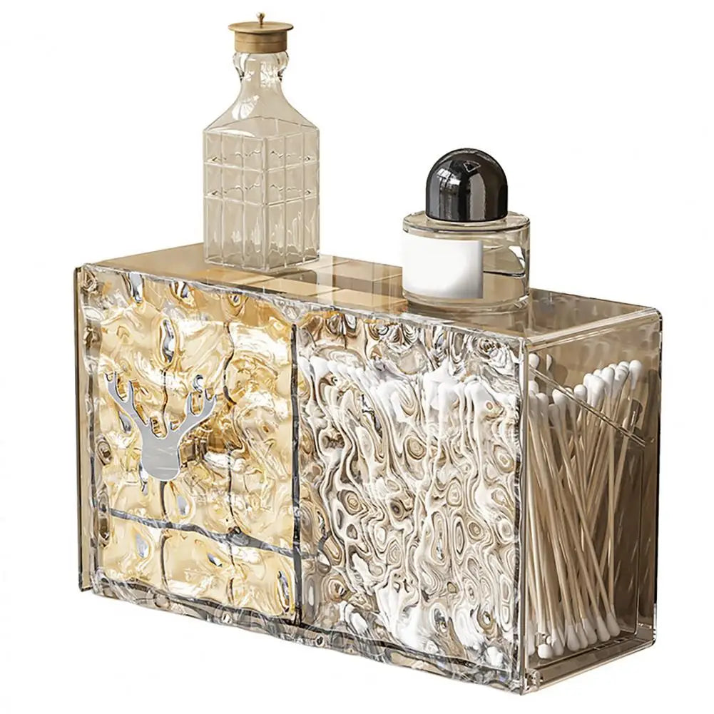 Clarify.pk transparent cotton pad storage container with textured design holding cotton swabs and bottles