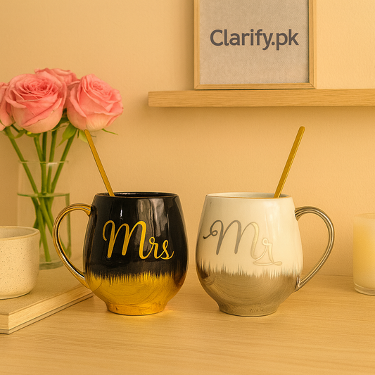 Elegant couple ceramic mugs gift set with Mrs and Mr gold-accented designs and matching spoons