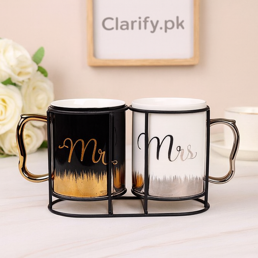 Black and white couple coffee mugs with stand featuring Mr and Mrs gold and silver lettering