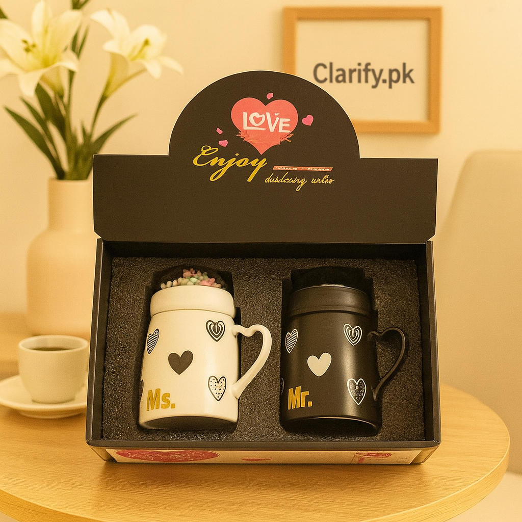 Clarify.pk couple mugs gift set with black Mr. mug and white Ms. mug with heart designs in a black box