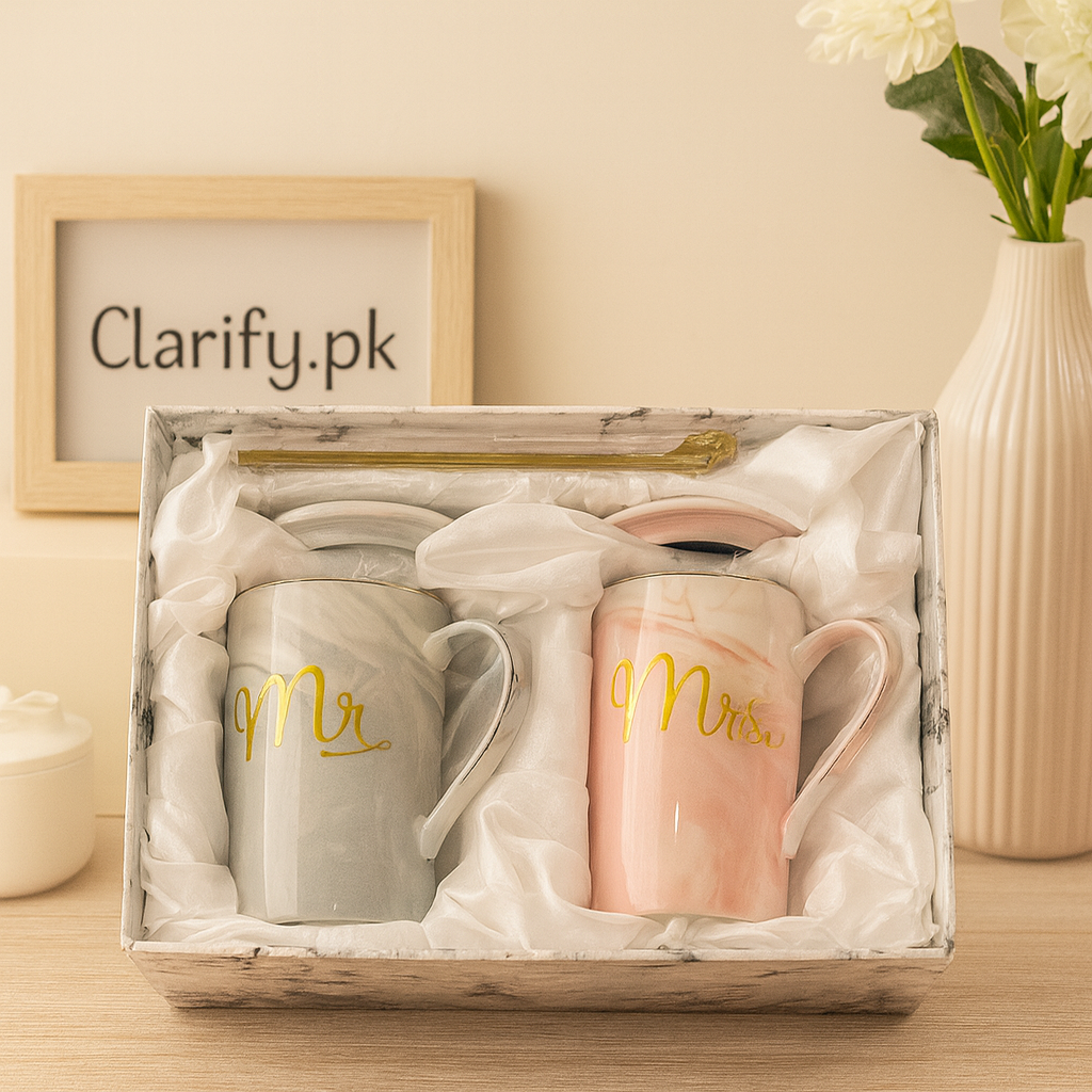 Elegant couple mugs gift set with Mr and Mrs gold lettering in gray and pink ceramic mugs