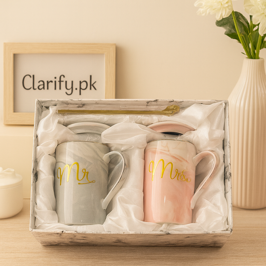 Elegant couple mugs gift set with Mr and Mrs gold lettering in gray and pink ceramic mugs