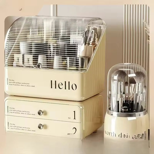 Clarify.pk beige makeup organizer with drawers and clear cover storing cosmetics and brushes