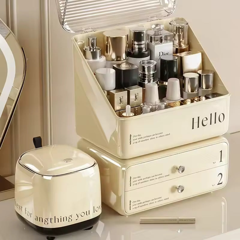 Clarify.pk makeup organizer with drawers in beige holding various cosmetic bottles and containers