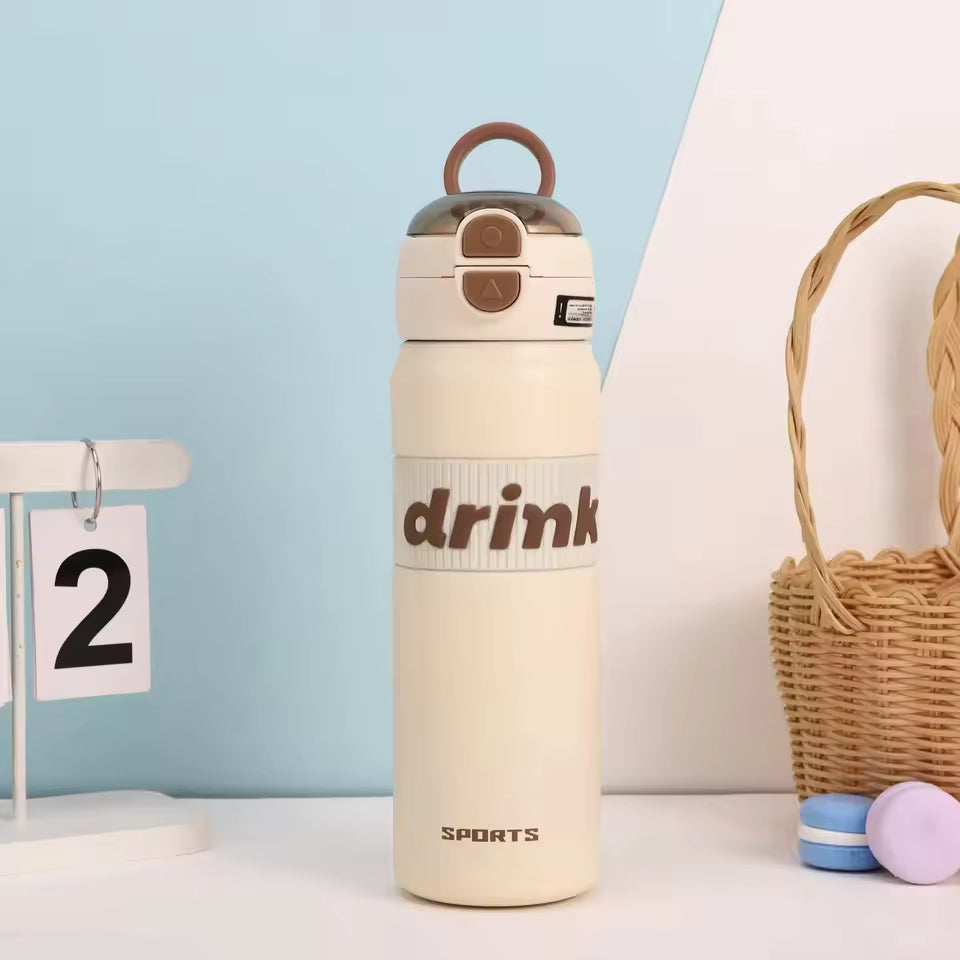 Beige stainless steel sports water bottle with flip-top lid and drink label by Clarify.pk