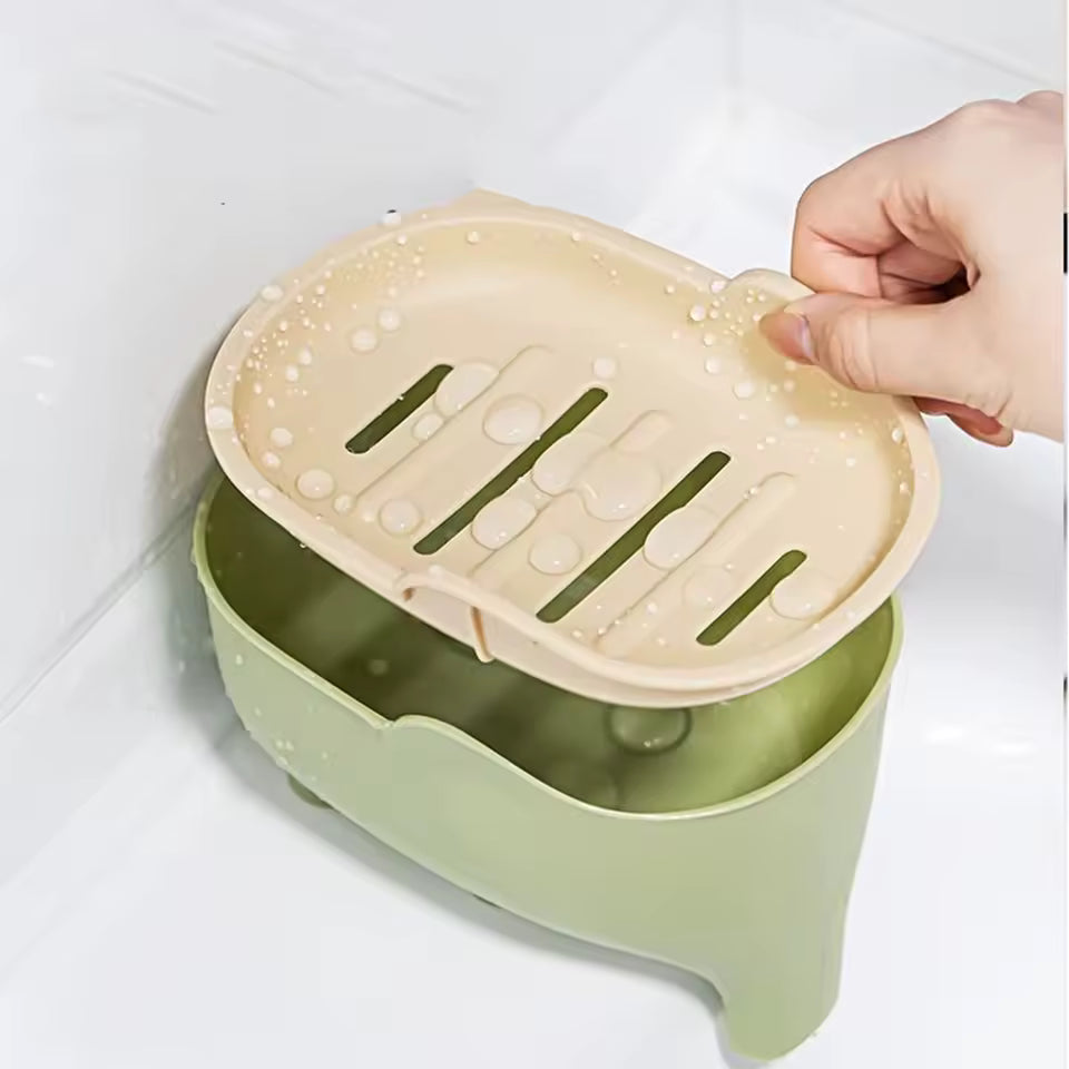 Creative animal soap holder for bathroom in beige and green with drainage slots and removable lid